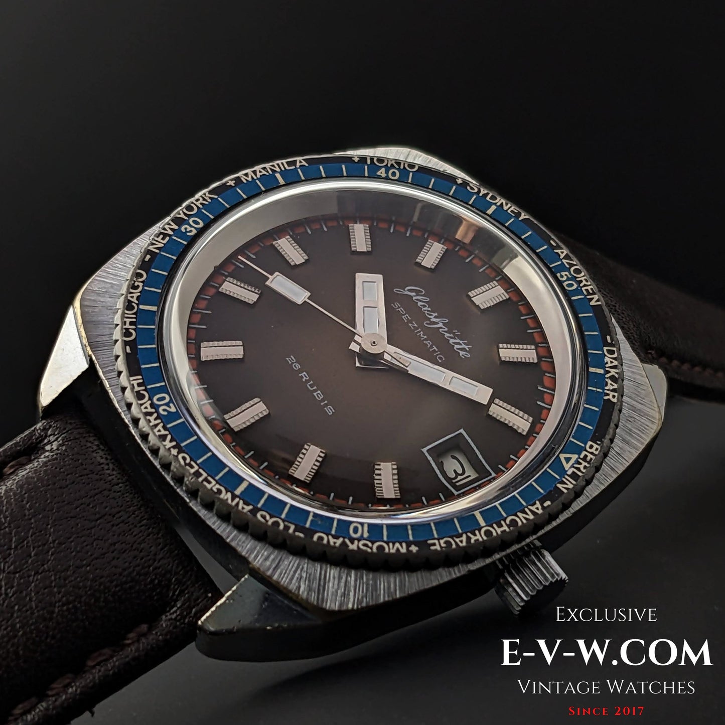 Rare montre GUB Glashütte SPEZIMATIC HEURE MONDIALE / 26 RUBIS Automatique cal. 75 / Vintage années 1960