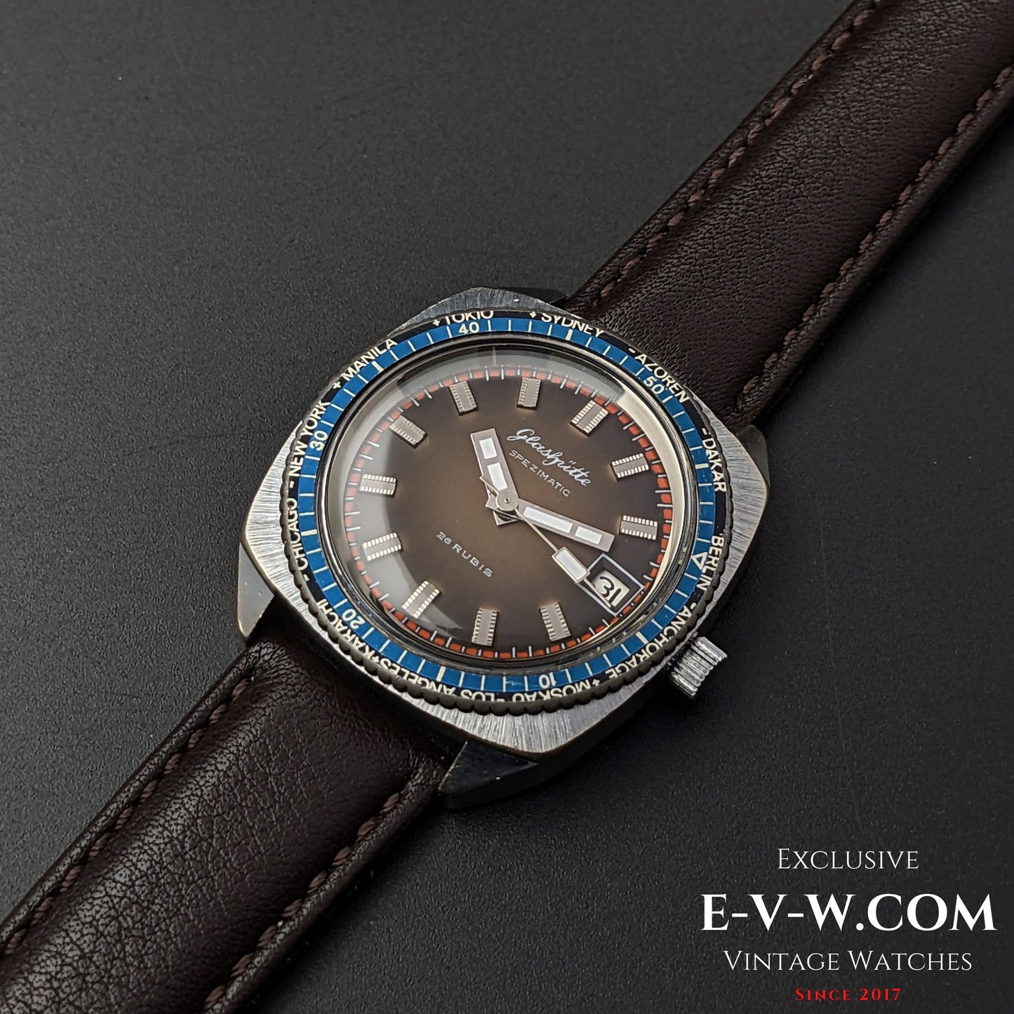 Rare montre GUB Glashütte SPEZIMATIC HEURE MONDIALE / 26 RUBIS Automatique cal. 75 / Vintage années 1960