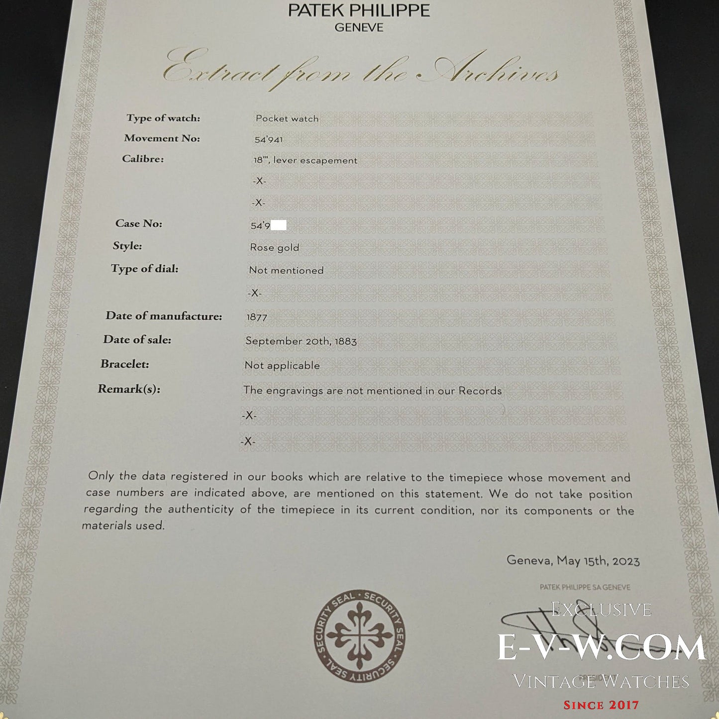 Montre Patek Philippe ancienne (146 ans), en or rose 18 carats, millésime 1877, calibre 18, échappement à ancre, provenant des archives Patek Philippe.