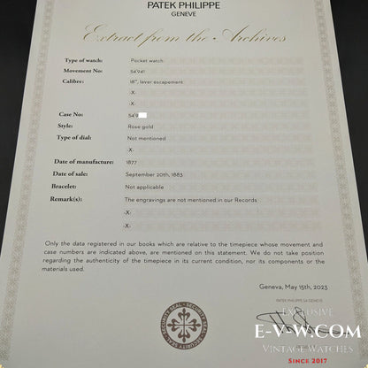 Montre Patek Philippe ancienne (146 ans), en or rose 18 carats, millésime 1877, calibre 18, échappement à ancre, provenant des archives Patek Philippe.