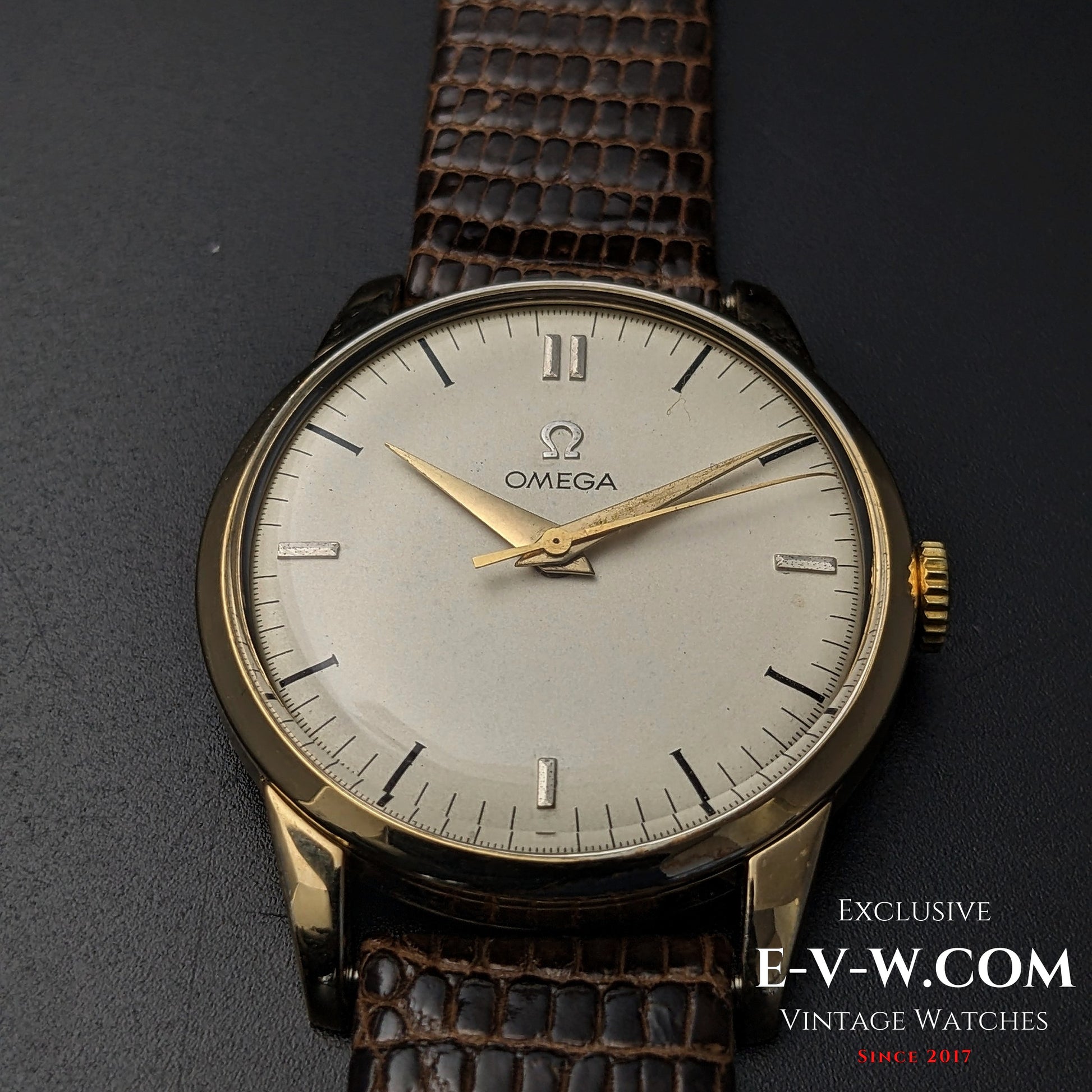 Close-up of the Omega Classic Gold Plaque watch, highlighting its gold hands, vintage dial, and brown leather strap from 1952.