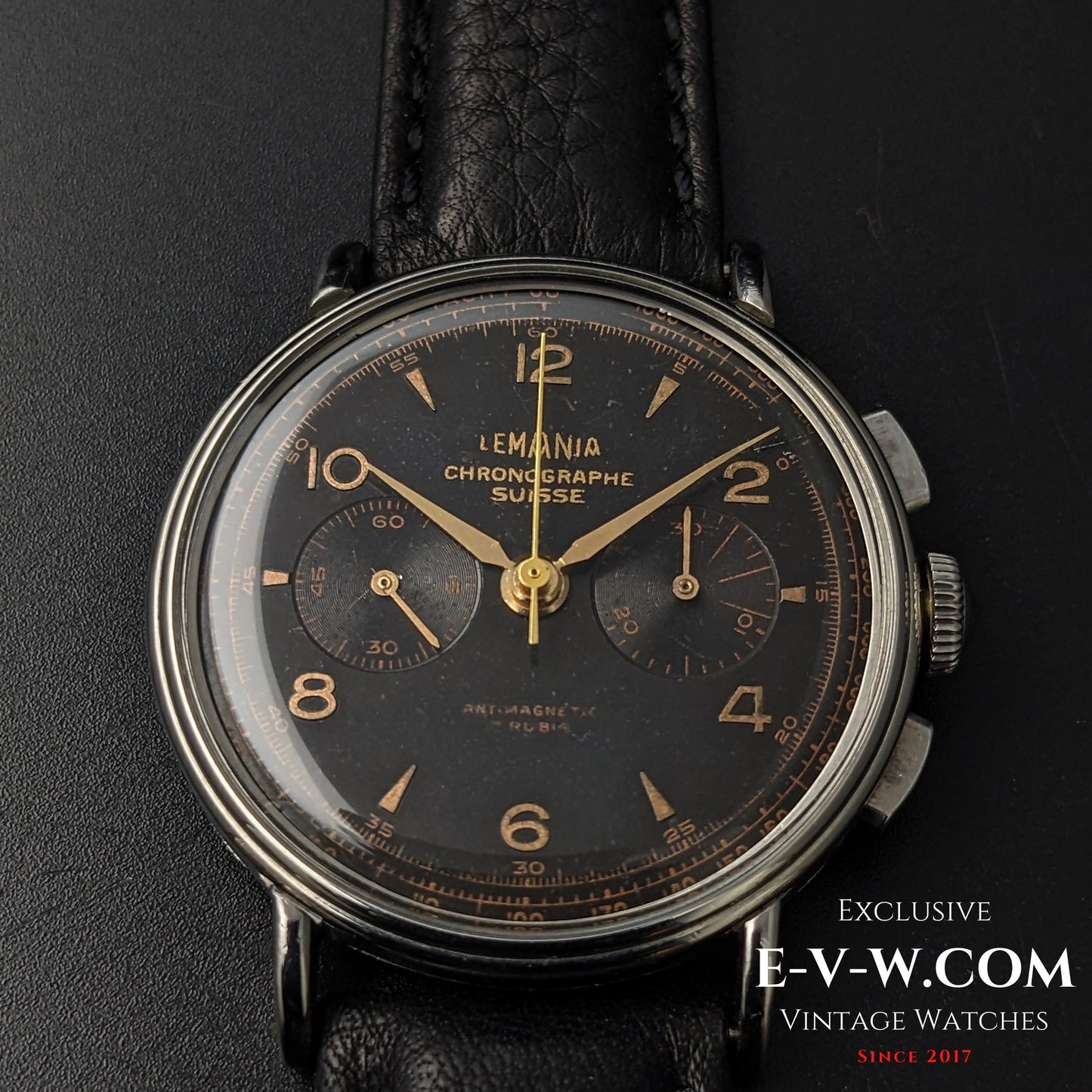 85 Years Old Vintage Lemania Chronographe SUISSE / WWII / Black dial / Cal. 1276 / Vintage 194085 Years Old Vintage Lemania Chronographe SUISSE / WWII / Black dial / Cal. 1276 / Vintage 1940