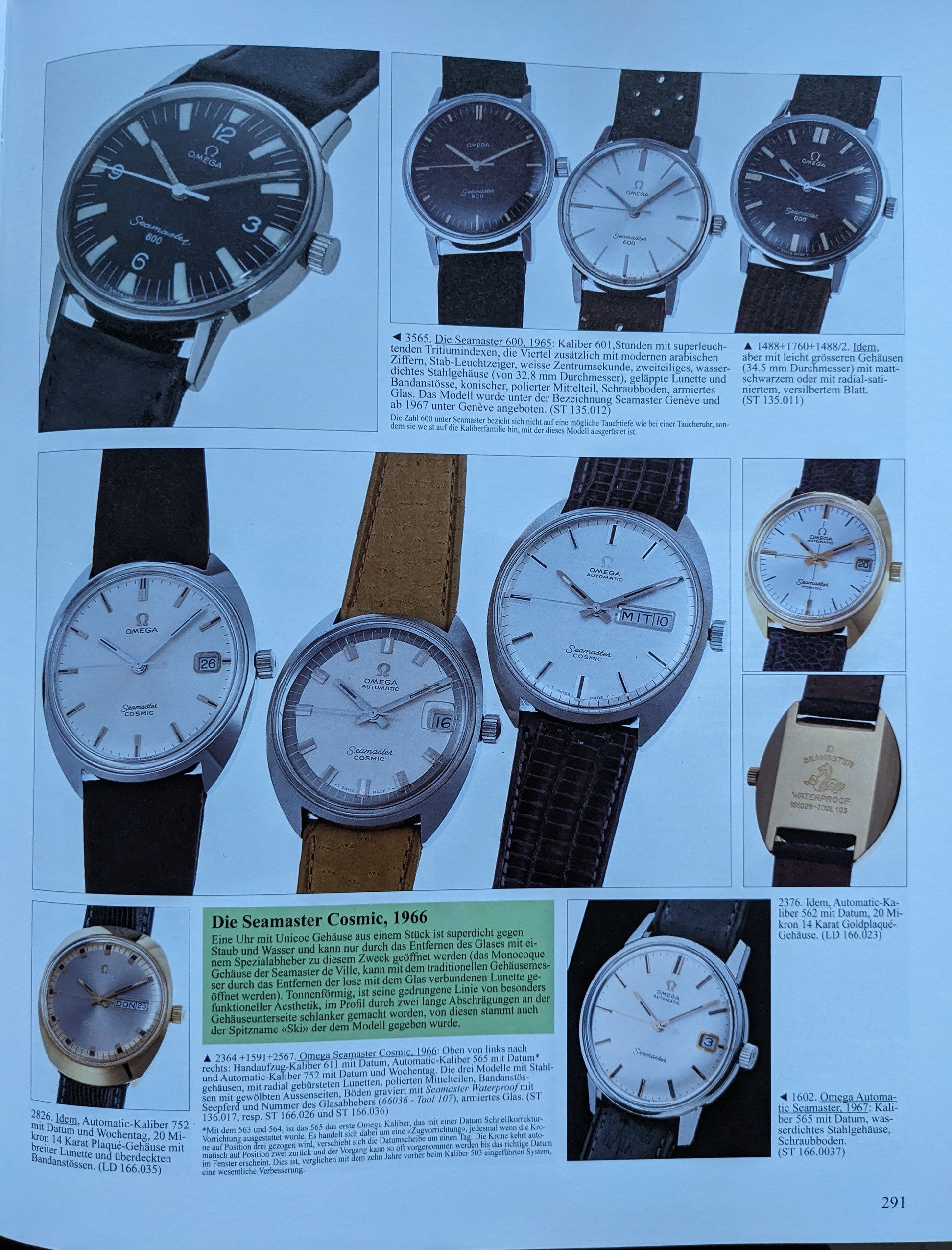 Catalog page featuring various Omega Seamaster models including the 1966 Seamaster 600 Ref. 135011, ideal for vintage watch collectors.
