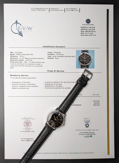 Omega Seamaster 600 1966 Ref. 135011 watch with official identification document and proof of service certificate from E-V-W Vintage Watches.