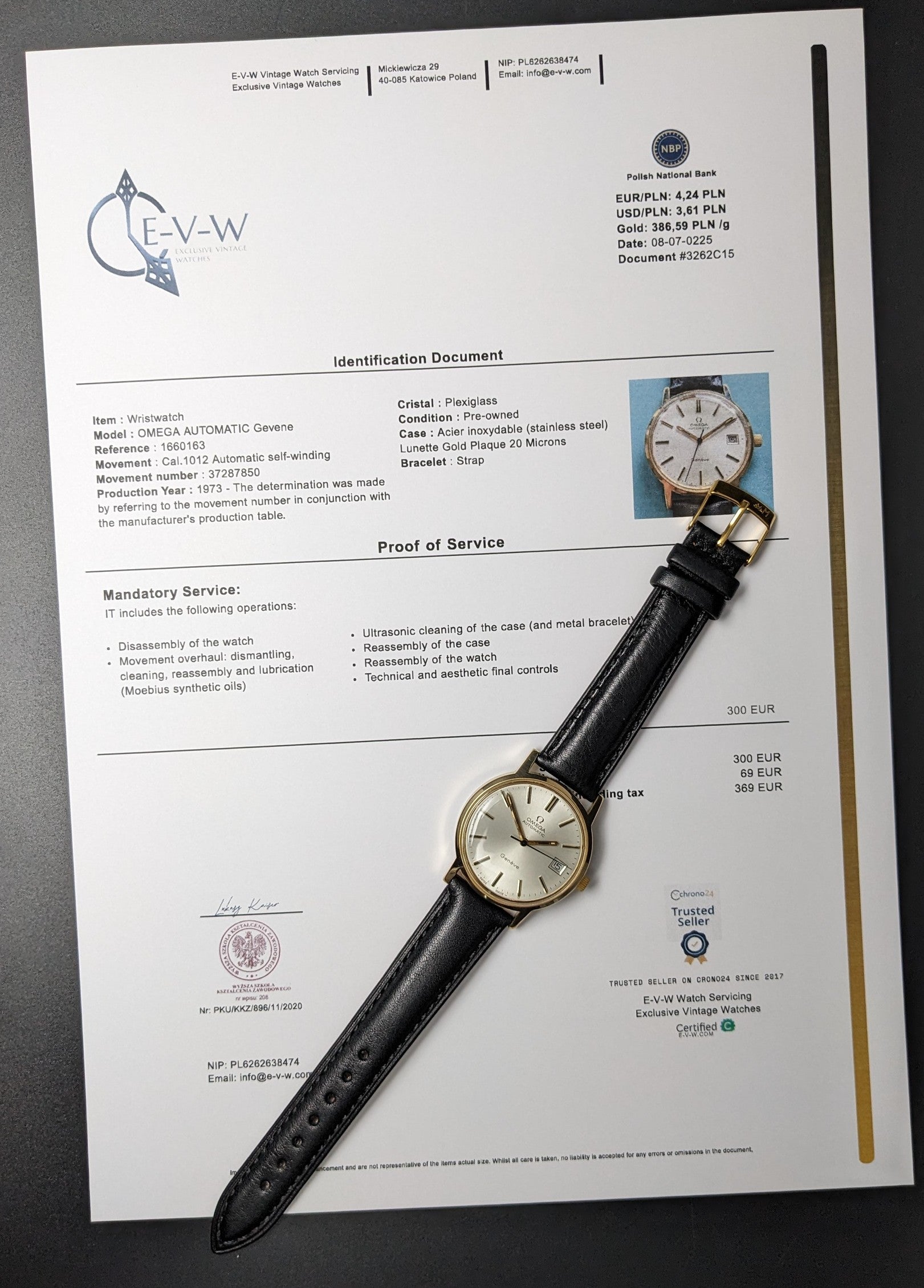 Omega Geneve 1973 Watch Ref. 1660163 displayed with official service documentation and black leather strap, highlighting authenticity and condition.