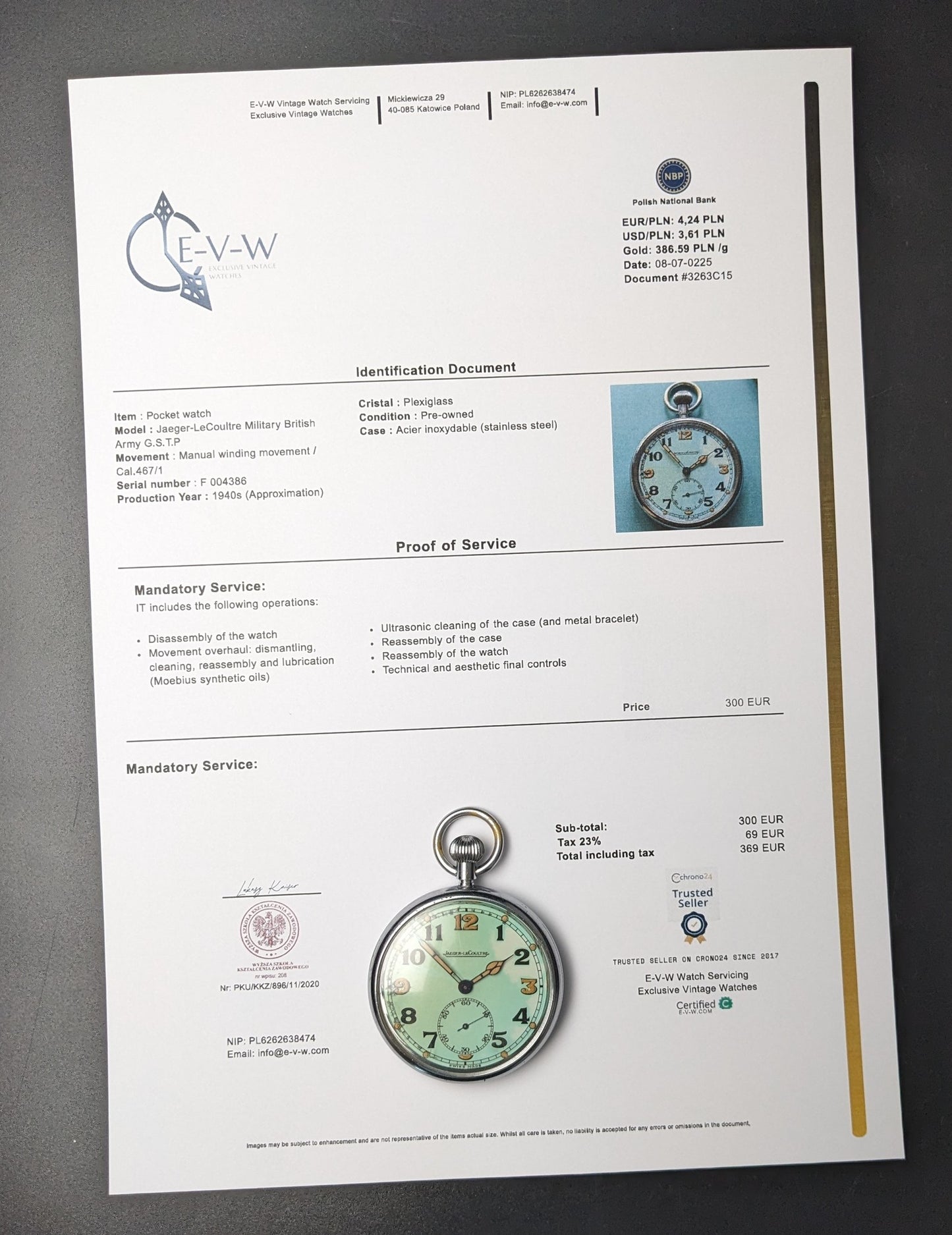 Official service document for Jaeger-LeCoultre WWII Military Watch Cal. 467 Vintage 1940, confirming authenticity and maintenance.