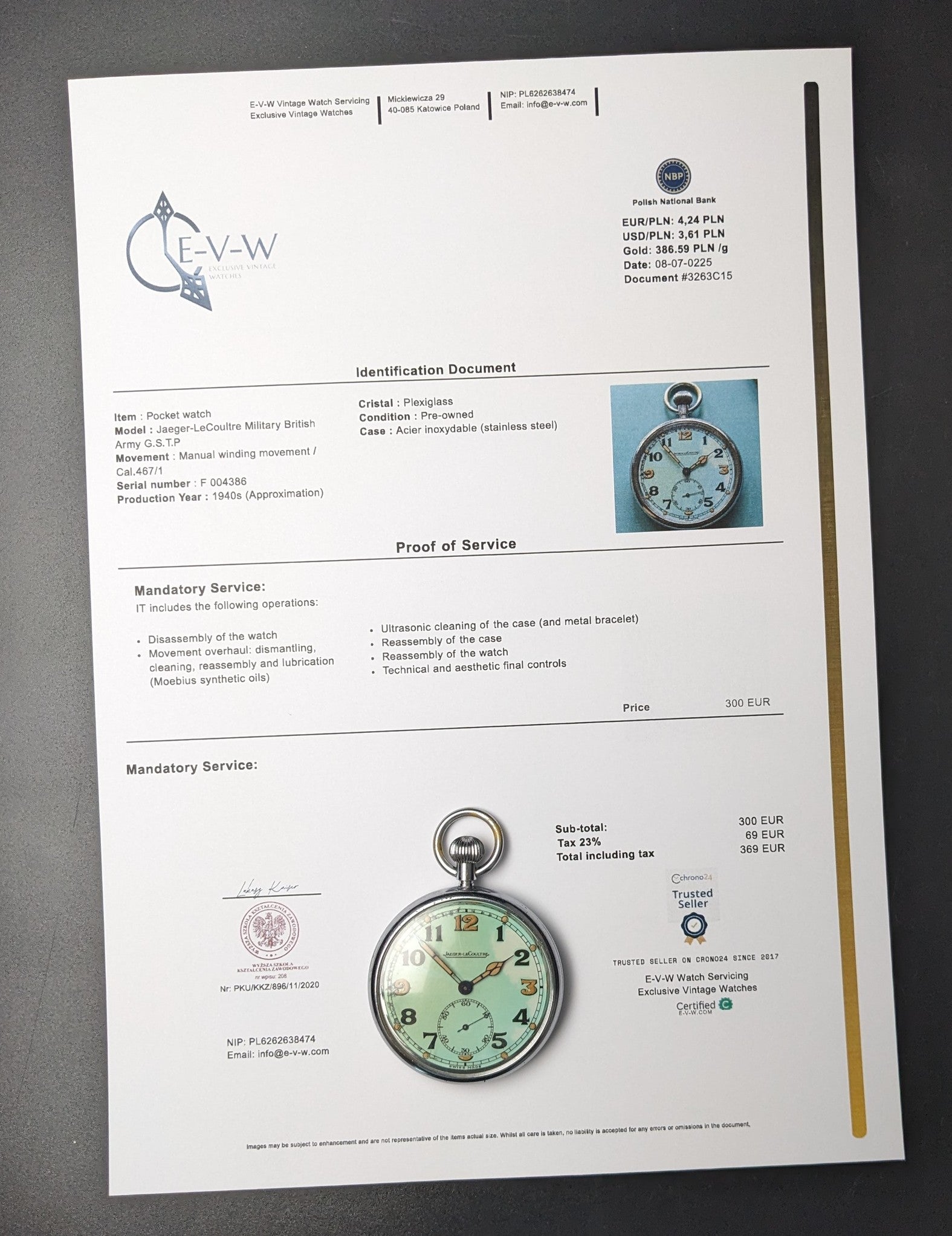 Official service document for Jaeger-LeCoultre WWII Military Watch Cal. 467 Vintage 1940, confirming authenticity and maintenance.
