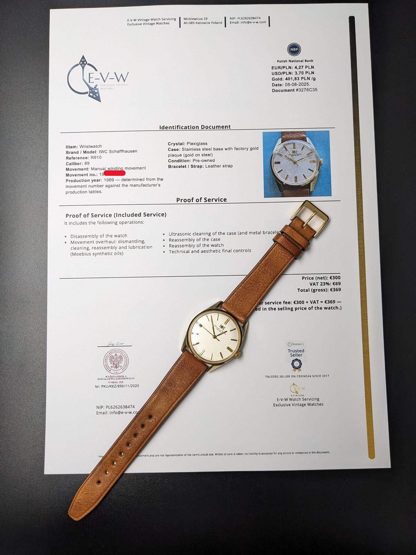 Montre habillée de luxe IWC Schaffhausen vintage de 56 ans | Réf. 910 | Cal. 89 | Année 1969 | Révisée