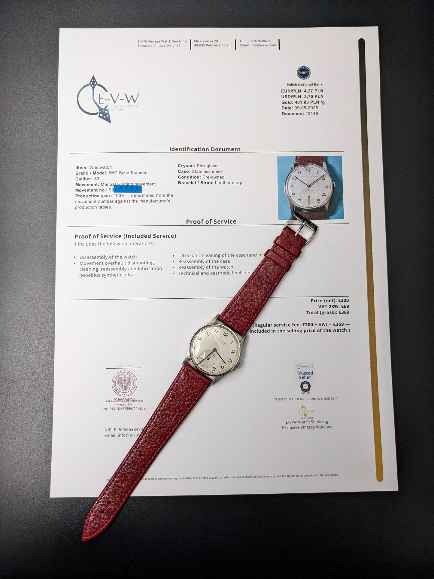 Montre de ville IWC Schaffhausen vintage (87 ans), modèle ancien civil | Cal. 83 | Année 1938 / Révisée