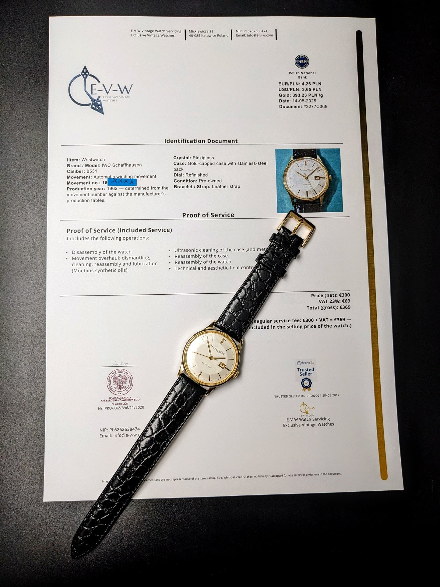 IWC Schaffhausen AUTOMATIC Date | Cadran « Pie-Pan » | Plaqué or | Cal. 8531 | Millésime 1962 | Révision 08/2025