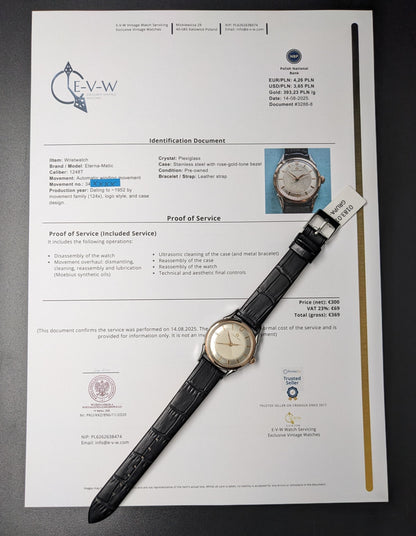 Mouvement automatique Eterna-Matic à cinq billes (première génération) | Boîtier bicolore, cornes élégantes | Calibre 1248T | Année 1950