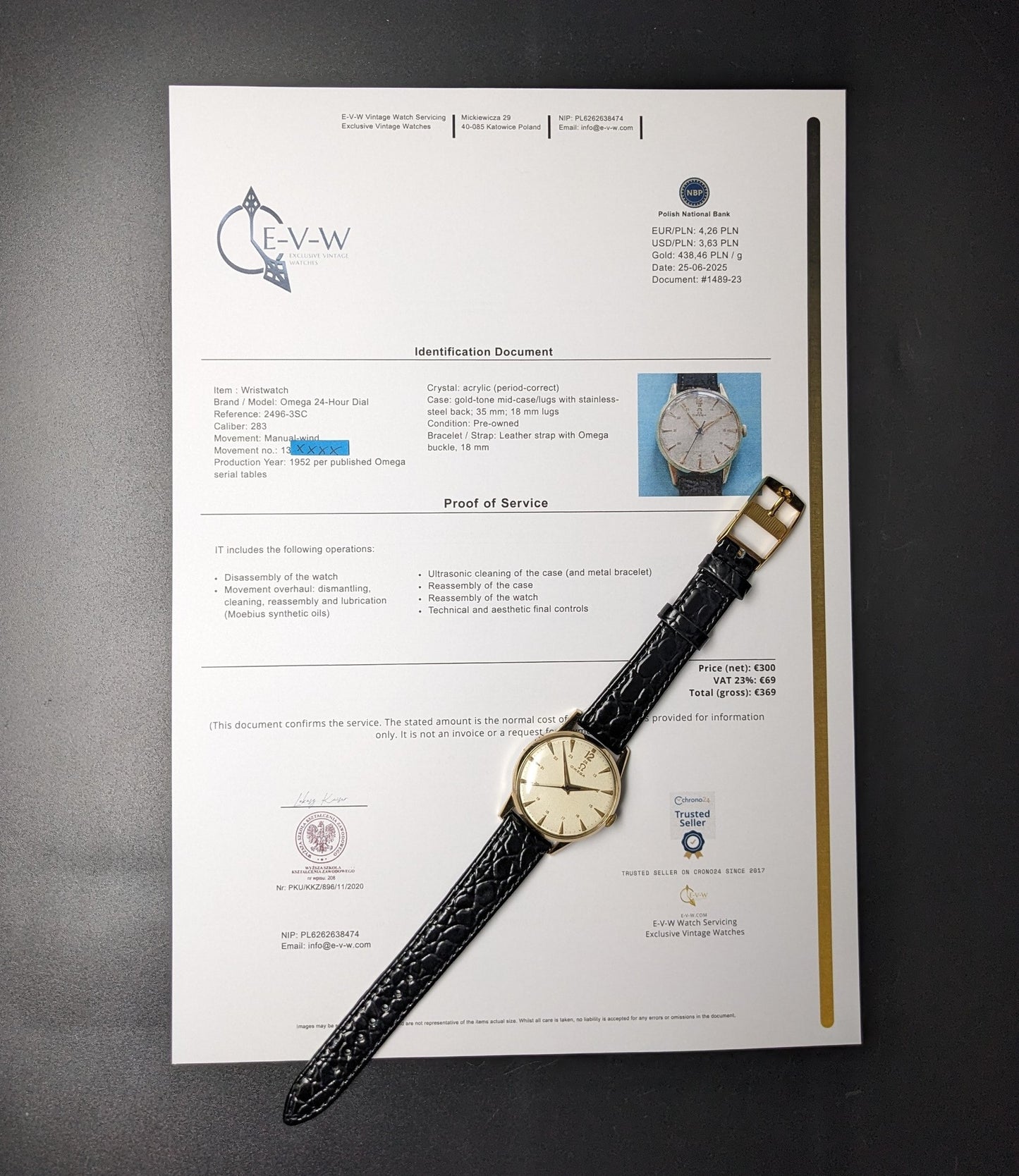 Omega vintage rare de 73 ans, cadran 24 heures / Réf. 2496-3SC / Cal. 283 (30T2) / Année 1952 / Révisée