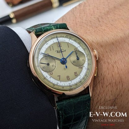 Chronographe Kelbert en or rose 18 carats, montre des années 1940 / Révisée 