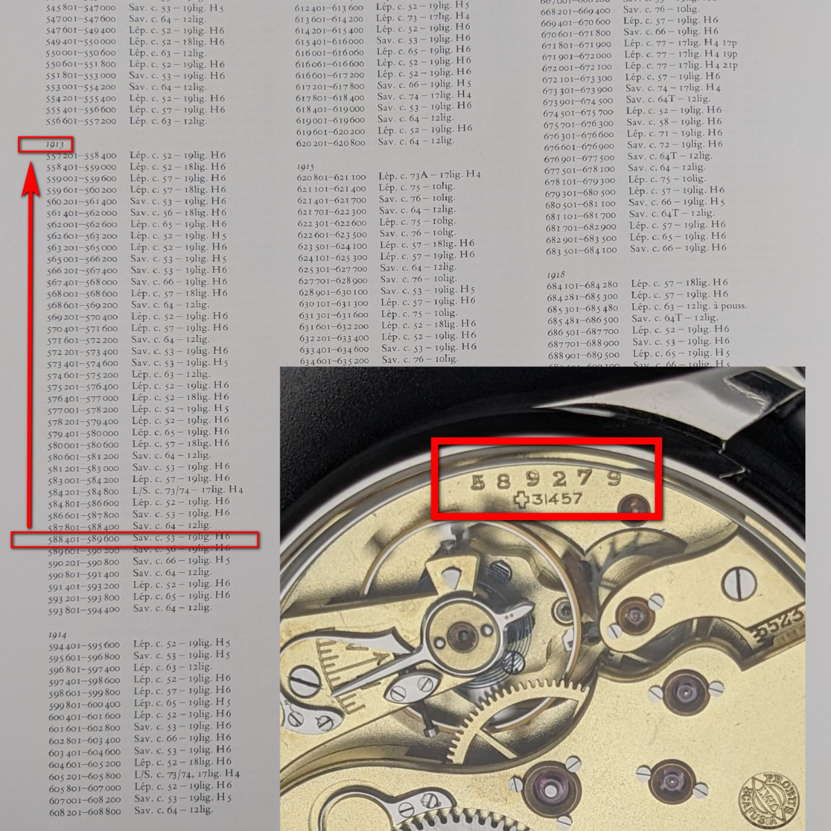 Mouvement de montre de poche IWC Schaffhausen Jumbo antique de 1913 (calibre 53), datant de 1913.