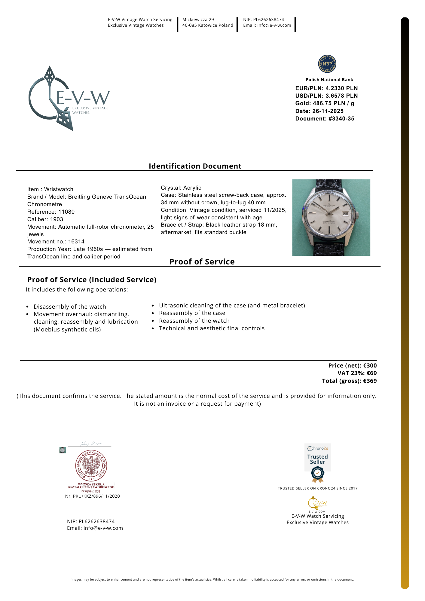 Chronomètre Breitling Genève TransOcean | Réf. 11080 | Cal. 1903 | Années 1960 | Révisée 