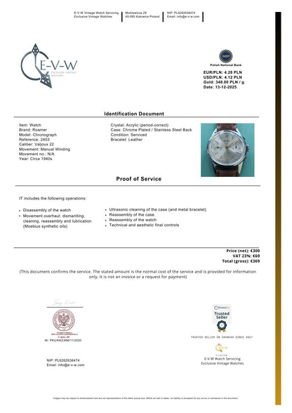 Chronographe Roamer Jumbo des années 1940 | Réf. 2403 | Valjoux 22 | Révisé 