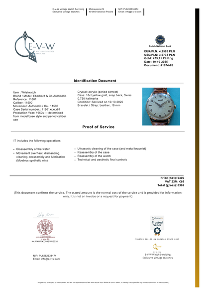 Montre automatique Eberhard &amp; Co en or 18 carats, années 1950 | Réf. 11601 | Cal. 11500 | Modèle vintage des années 1950 | Révisée