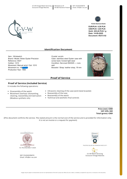 Rolex Oyster Precision classique du début des années 1960, sans luminescence | Réf. 6427 | Cal. 1210 | Années 1960 | Révisée