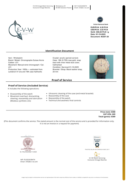 Chronographe Suisse en Or 18 Carats | Géant 38mm | Cal. Landéron 51 | millésime 1950 | Entretenu