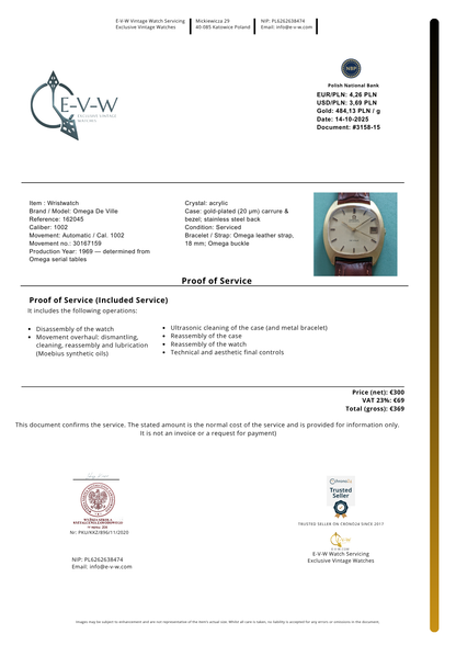 Omega De Ville Automatique de 56 ans | Réf. 162045 | Cal. 1002 | Année 1969 | Révisée