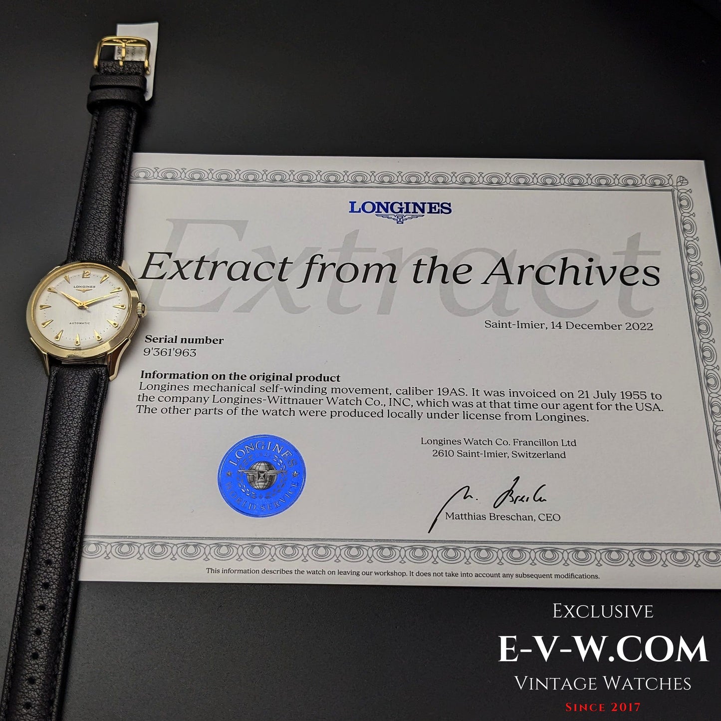 Longines Automatique Plaqué Or / Cal. 19AS / Millésime 1955 - Extrait des Archives Longines