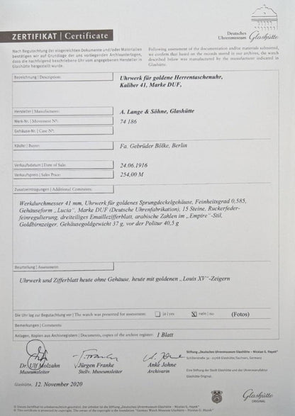A. Lange &amp; Söhne DUF "Deutsche Uhrenfabrikation" Glashutte Antique 1916 Montre de mariage