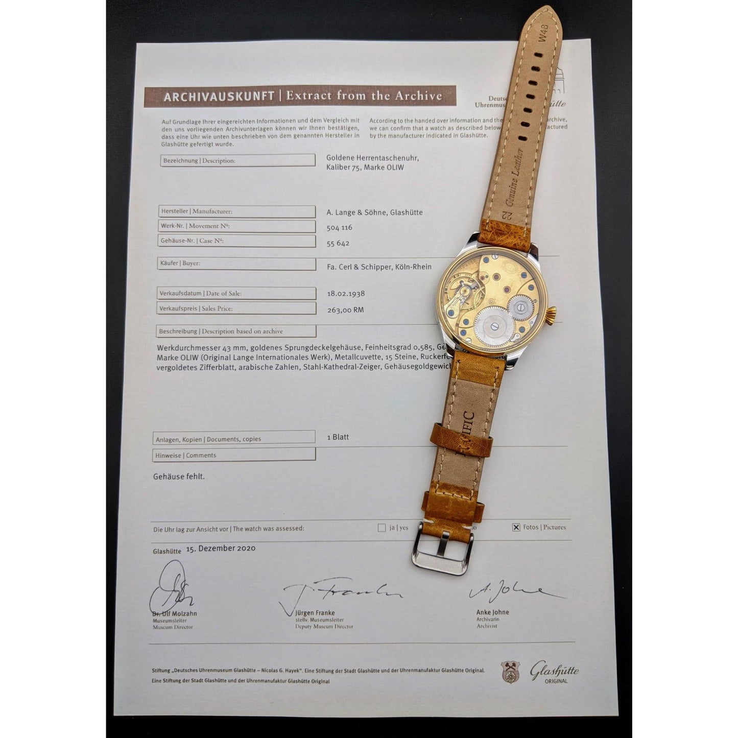 Deutsche Uhren Fabrikation Glashütte "OLIW" Lange Uhr Antique Watch1938 - Seulement 6500 pièces ont été fabriquées -Montre de mariage