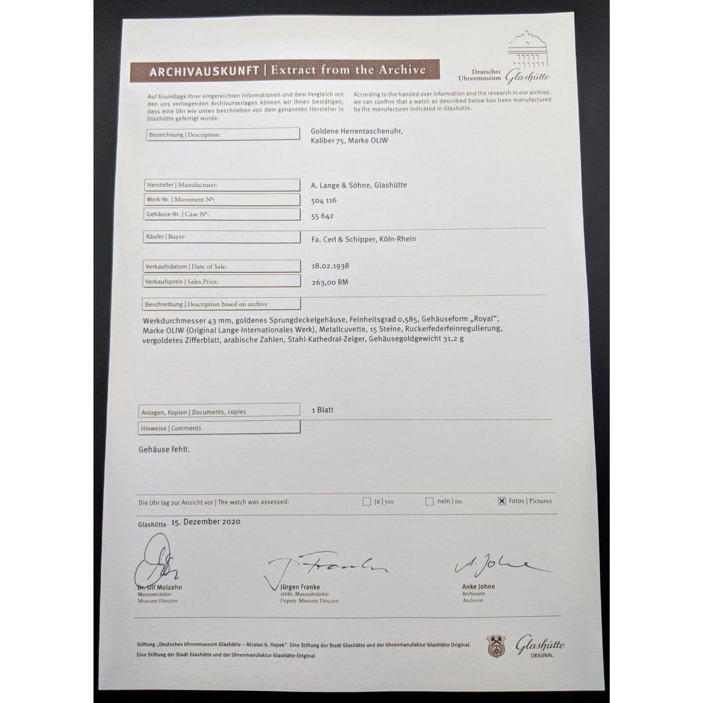 Deutsche Uhren Fabrikation Glashütte "OLIW" Lange Uhr Antique Watch1938 - Seulement 6500 pièces ont été fabriquées -Montre de mariage